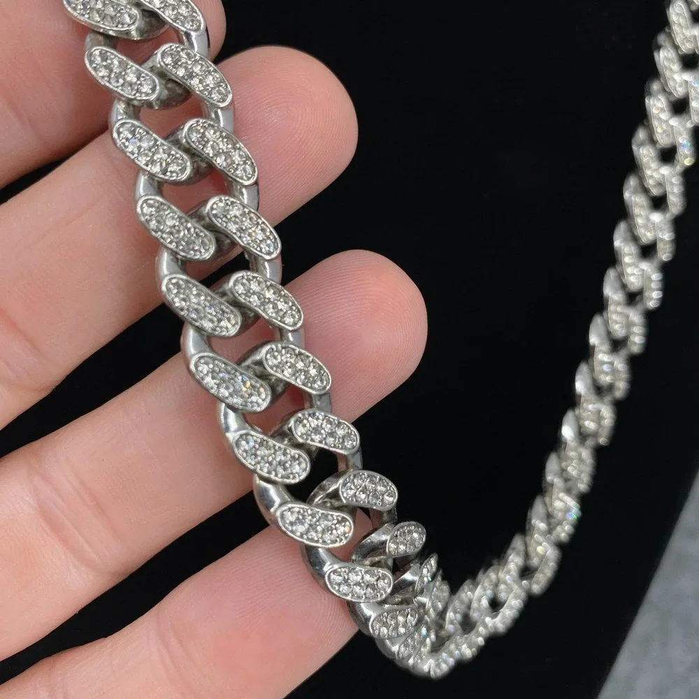 Iced Out White Gold Plated Cuban Link Chain 22in Rectangle Clamp Mens Necklace